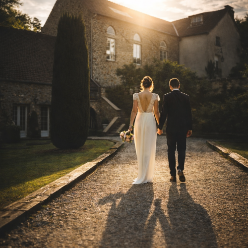 Couple de mariés marchant vers le Prieuré de Saint-Cyr au coucher du soleil